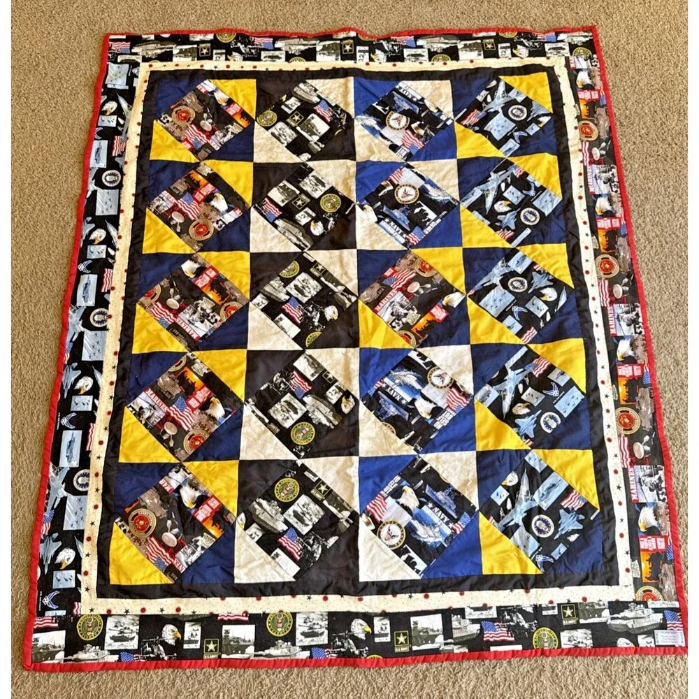 Vintage Handmade Patchwork Military Appreciation Quilt Lap/Baby Blanket  42”X48”